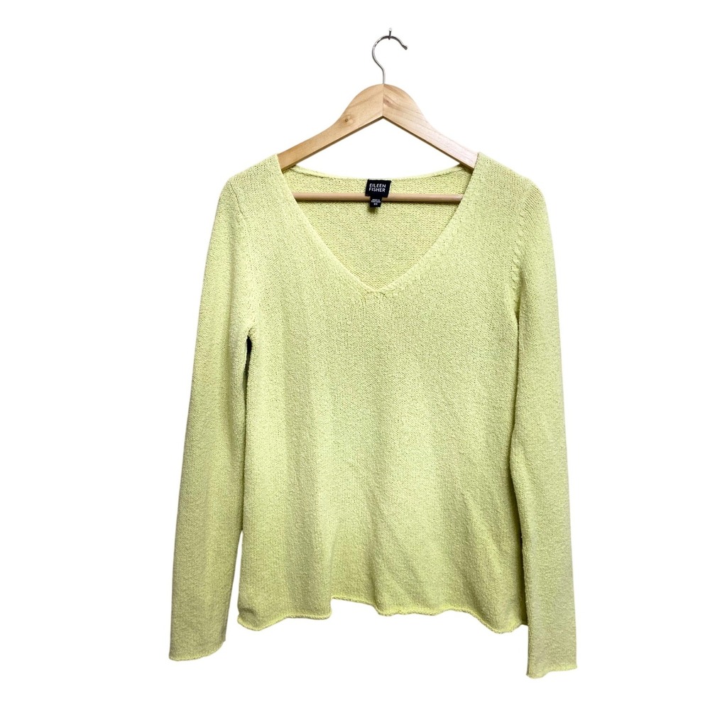 Eileen Fisher Womens V-Neck Cotton Blend Knit Sweater Lime Green XS